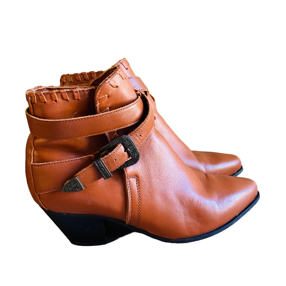 Vintage Dingo Leather Western Buckle Ankle Boots Smooth Brown Booties